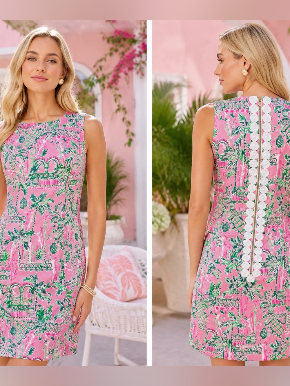 Lilly Pulitzer Mila Stretch Pink Green Tropical Preppy Vacation Shift Dress S 6